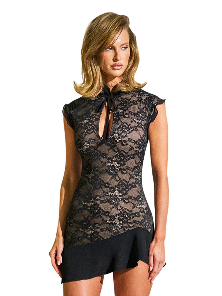 Lace Mandarin Collar Mini Dress