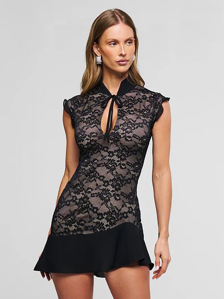 Lace Mandarin Collar Mini Dress