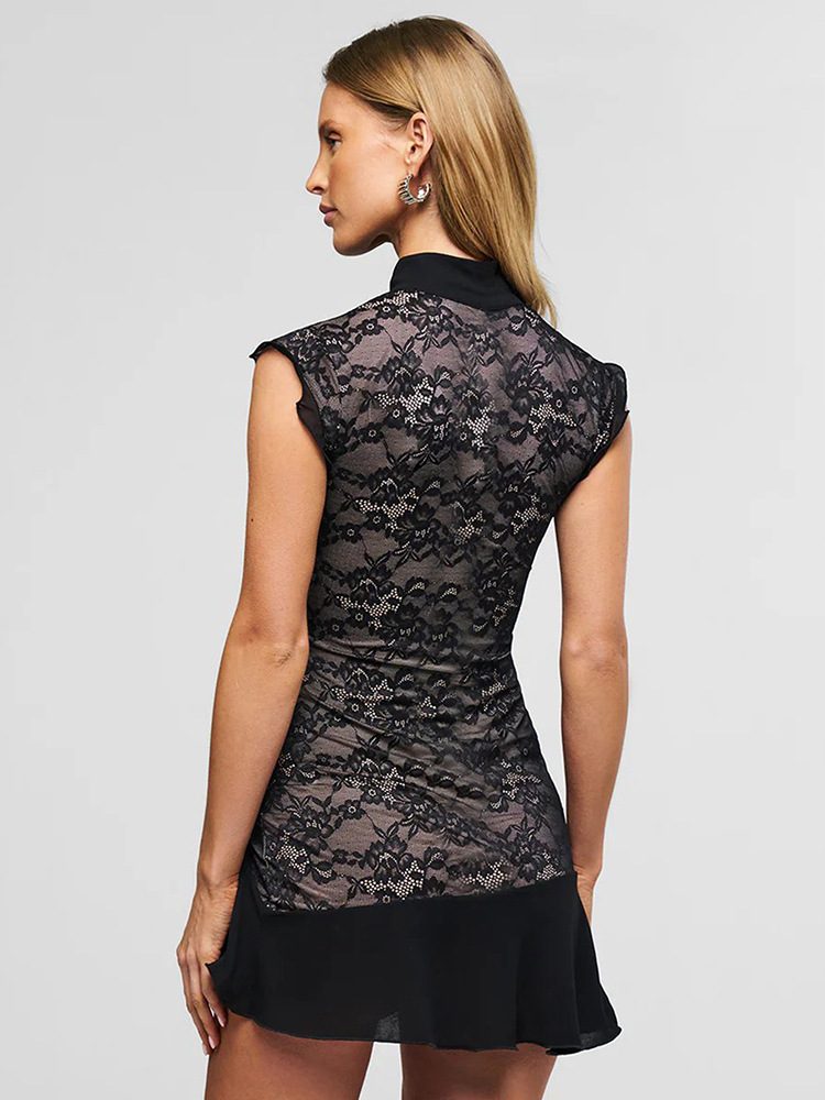 Lace Mandarin Collar Mini Dress