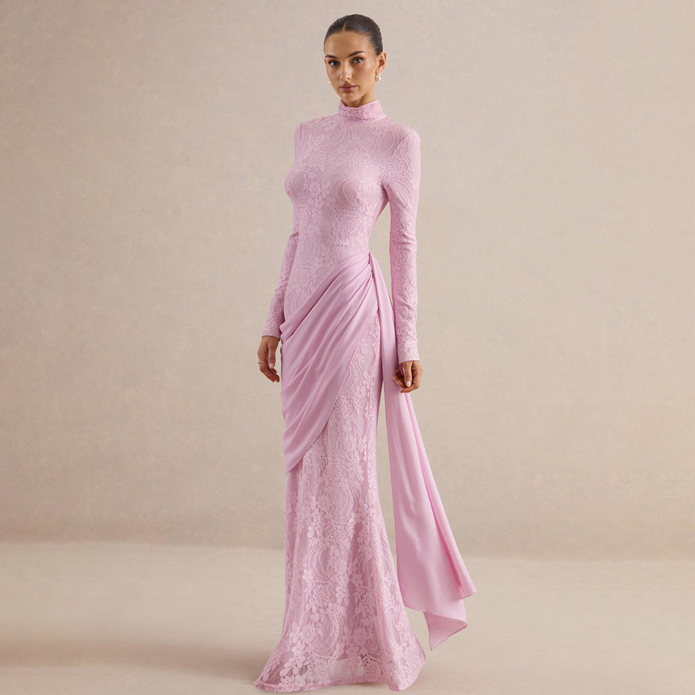 Draped Lace Panel Maxi Dress
