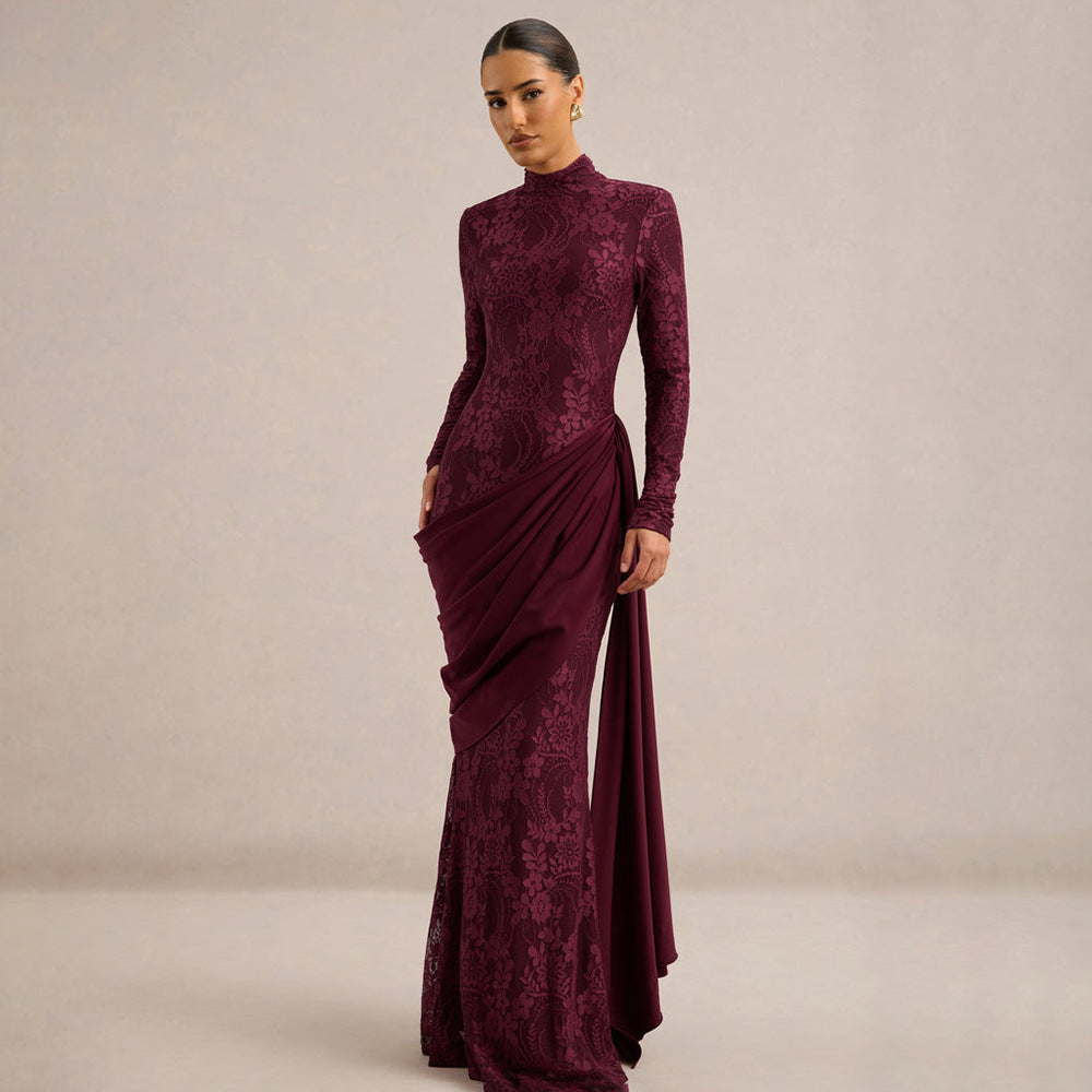 Draped Lace Panel Maxi Dress