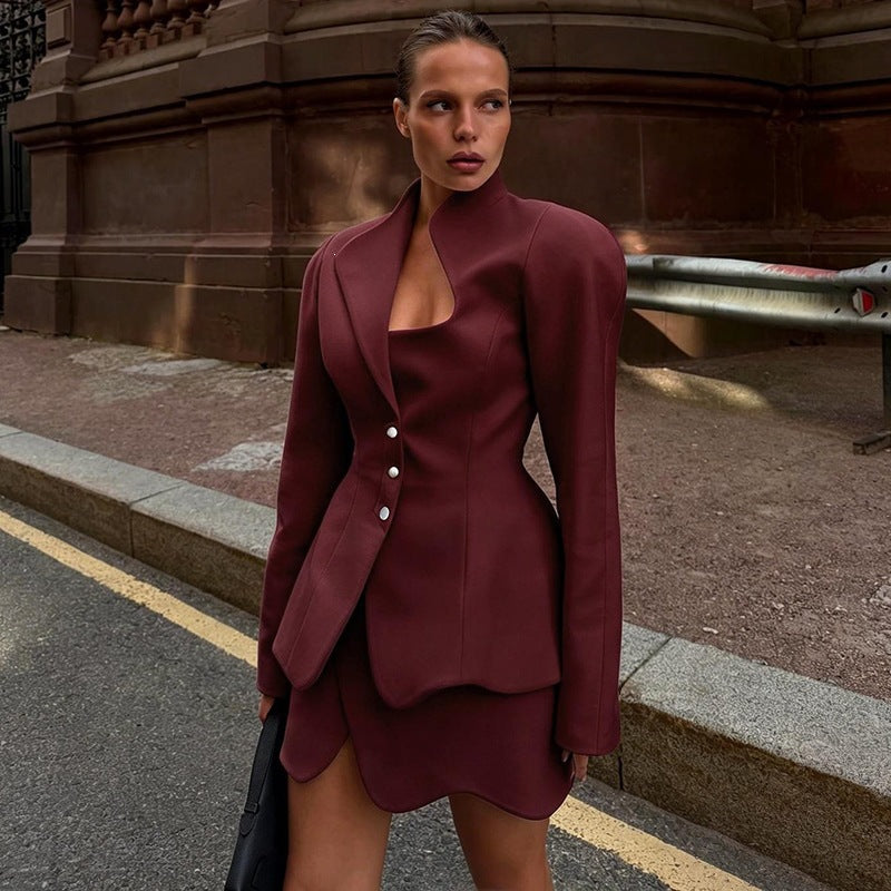 Buttoned Blazer Mini Skirt Set