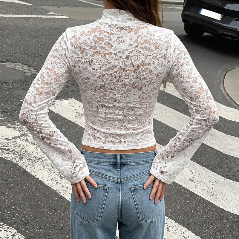 Lace Mandarin Collar Flare Sleeve Top