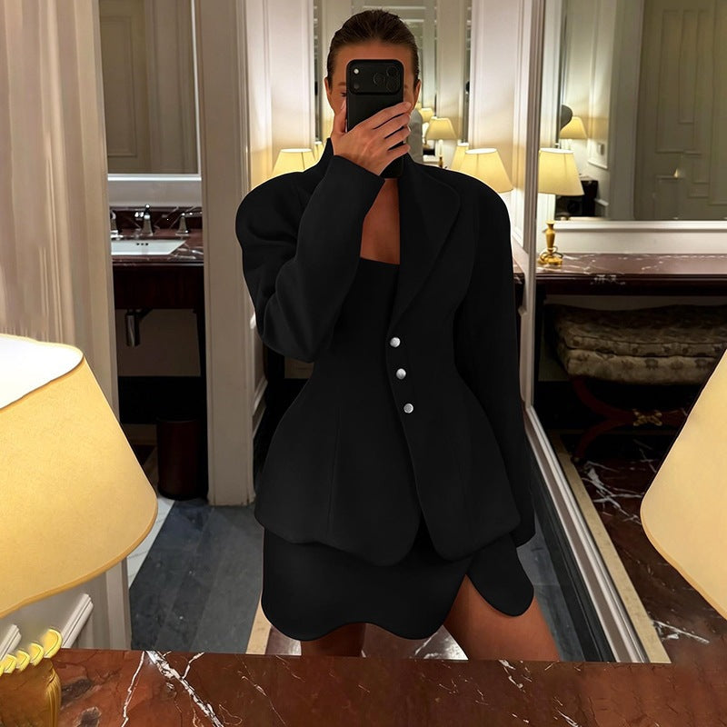Buttoned Blazer Mini Skirt Set