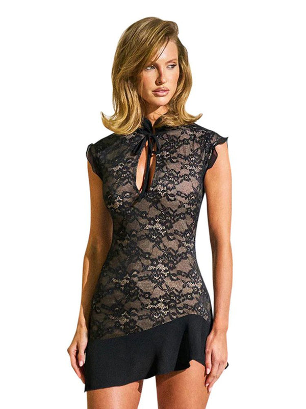 Lace Mandarin Collar Mini Dress