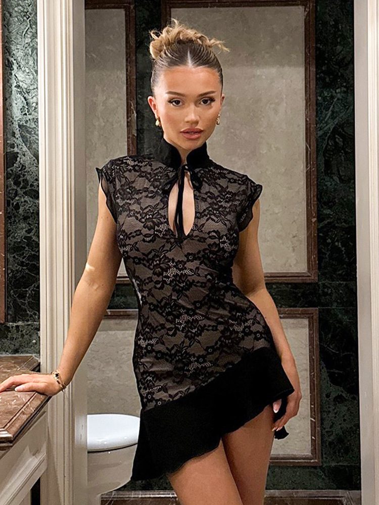 Lace Mandarin Collar Mini Dress