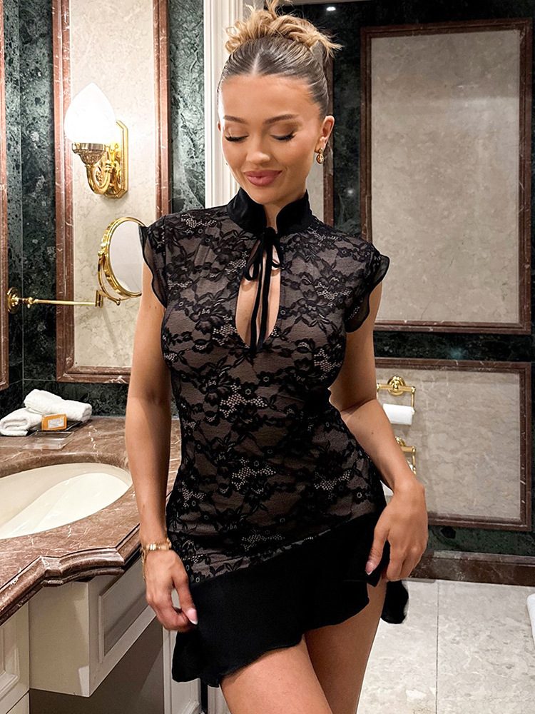 Lace Mandarin Collar Mini Dress