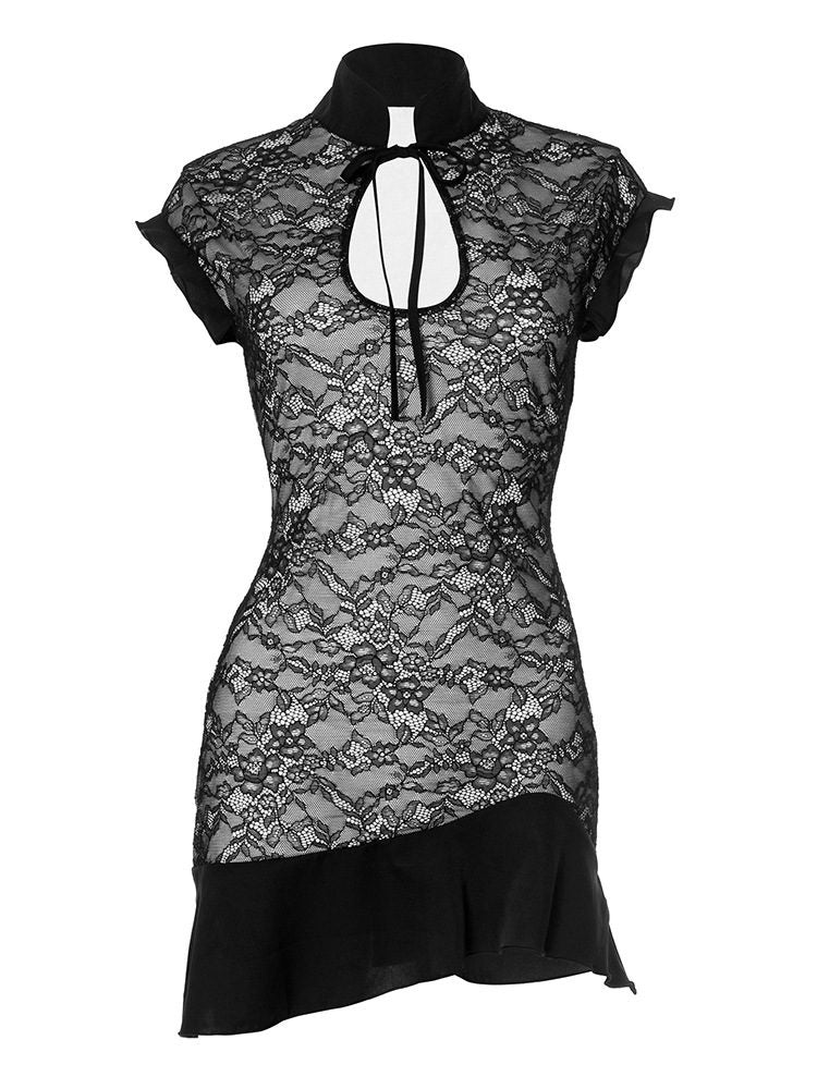 Lace Mandarin Collar Mini Dress