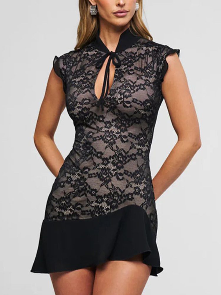 Lace Mandarin Collar Mini Dress