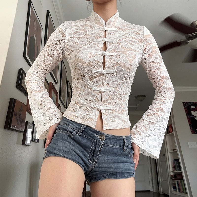 Lace Mandarin Collar Flare Sleeve Top