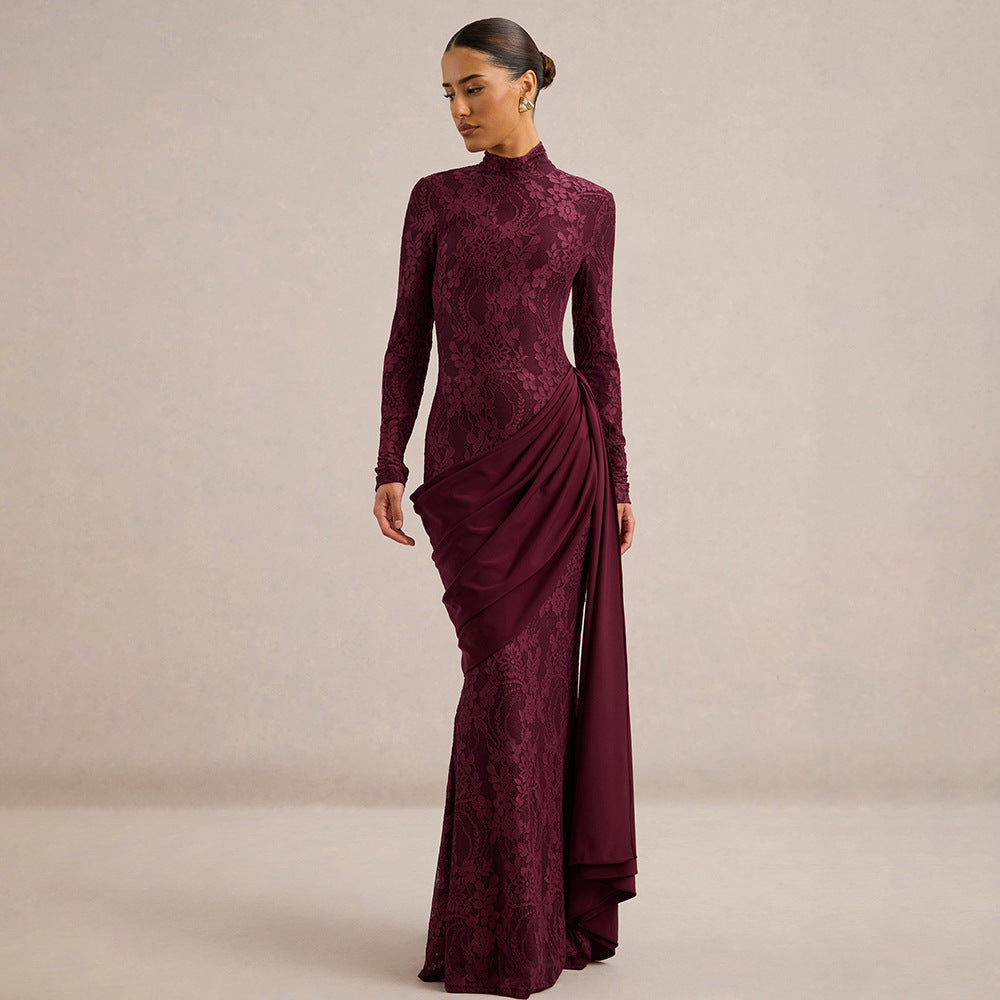 Draped Lace Panel Maxi Dress