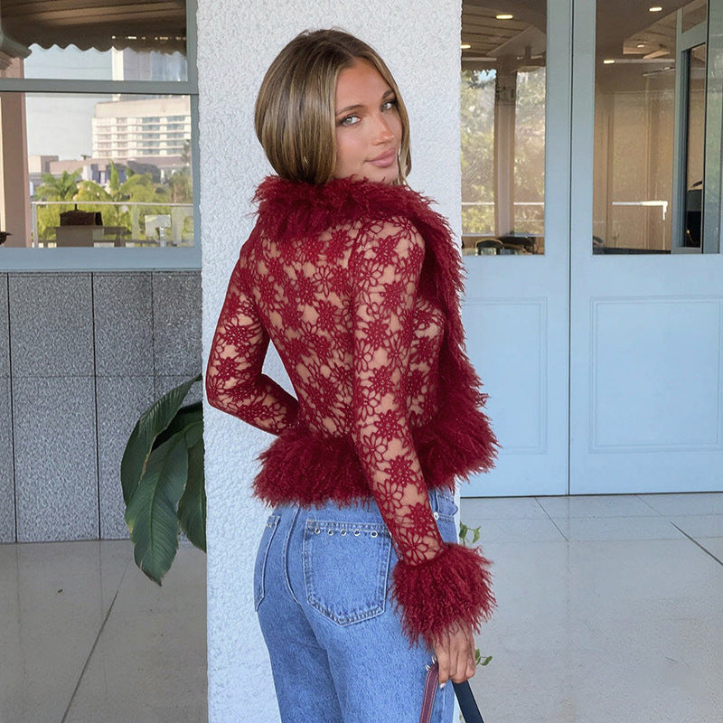 Fur Trim Lace Top
