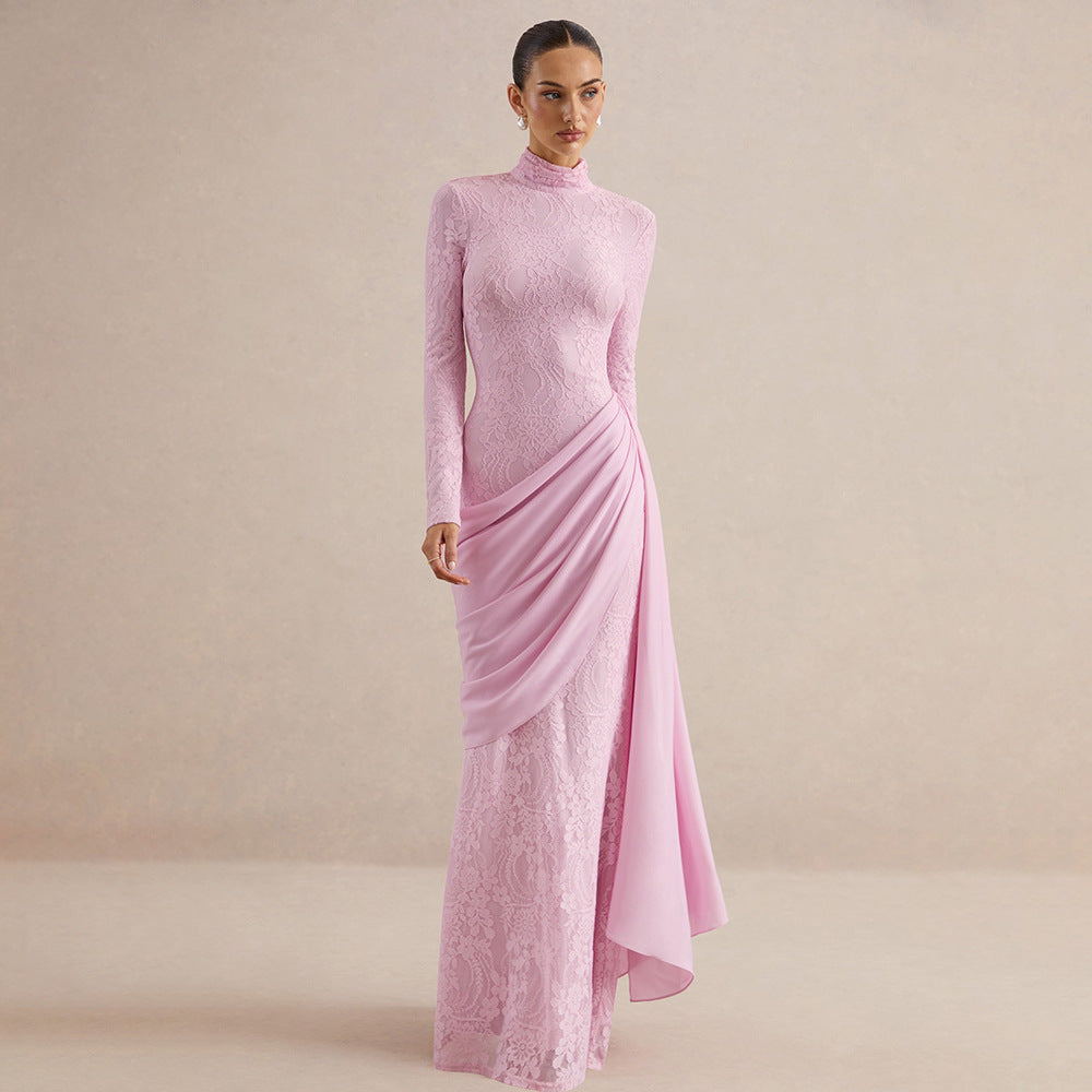 Draped Lace Panel Maxi Dress